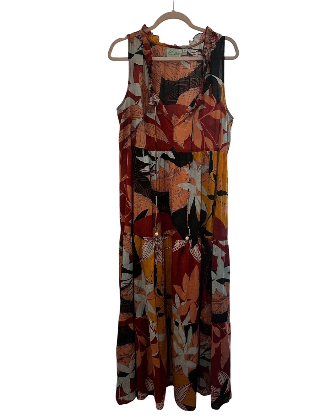 Sleeveless Leaf-Print Maxi Dress in Burgundy, Mustard & Black